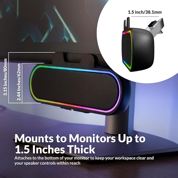 Cyber Acoustics CA-2890GX USB Speaker Bar with Music-Sync LED Lights | Monitor-Mounted Speaker Bar, Great for Music and Casual PC Gaming, 9 Color Modes, USB-C with USB-A Adapter Included - Image 2