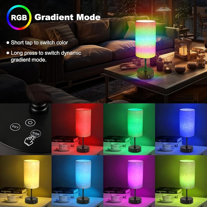 Table Lamp, 3 CCT 3000K/4500K/6500K & RGB Color Changing, Stepless Dimmable Small Bedside Lamp for Reading, Ambience Nightstand Light for Home Decor Party, Beige Shade - Image 3