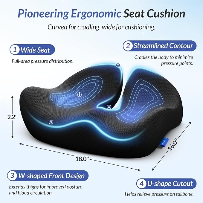 Pioneering Seat Cushion for Pressure Relief, Ergonomic Office Chair Cushion for Sciatica, Back, Hemorrhoids & Tailbone Pain Relief, High-Density Memory Foam Car Seat Cushion with Anti-Slip Base - Image 3
