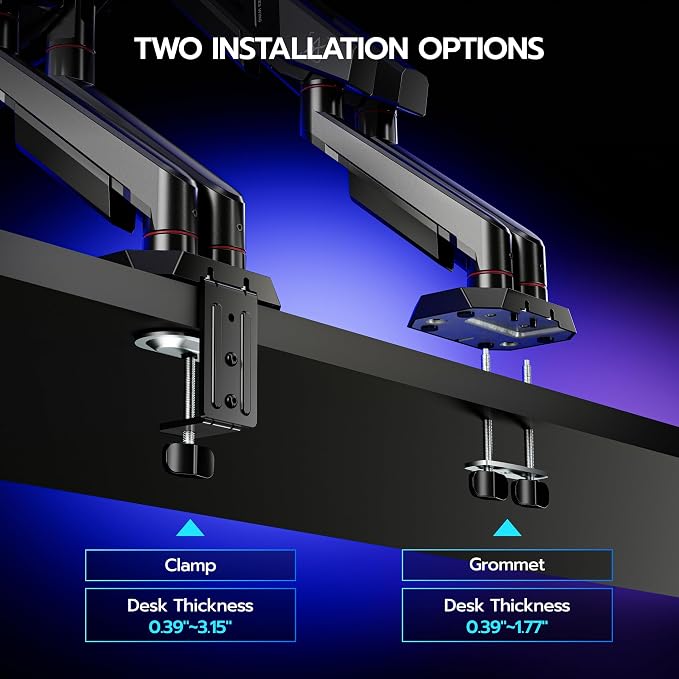ARES WING Dual Monitor Arm for 17-35 Inch Flat Curved Screens, Black | Fully Adjustable Monitor Mount for Ultrawide Screens up to 26.5lbs, C-Clamp & Grommet Base, 75/100 Vesa Mount - Image 6