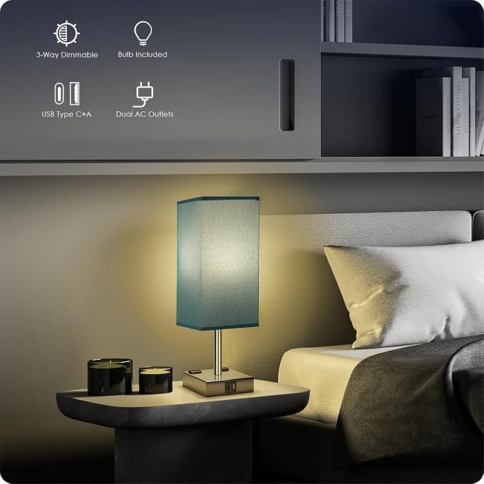 Bedside Lamp with USB Ports - Touch Control Table Lamp for Bedroom with USB C+A Charging Ports & AC Outlets, 3 Way Dimmable Nightstand Light with Flaxen Shade for Living Room (LED Bulb Included, Blue) - Image 4