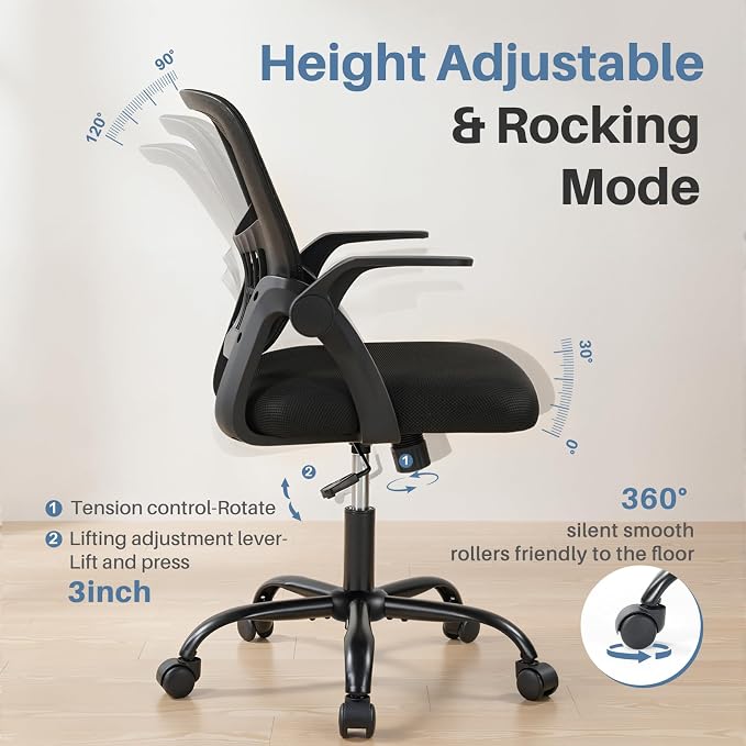DUMOS Home Office Desk Chair, Computer Lumbar Support Chair | Ergonomic Mesh, Flip-up Armrest Height Adjustable, Rocking Mode 360 Swivel, Meeting Room, Black - Image 7