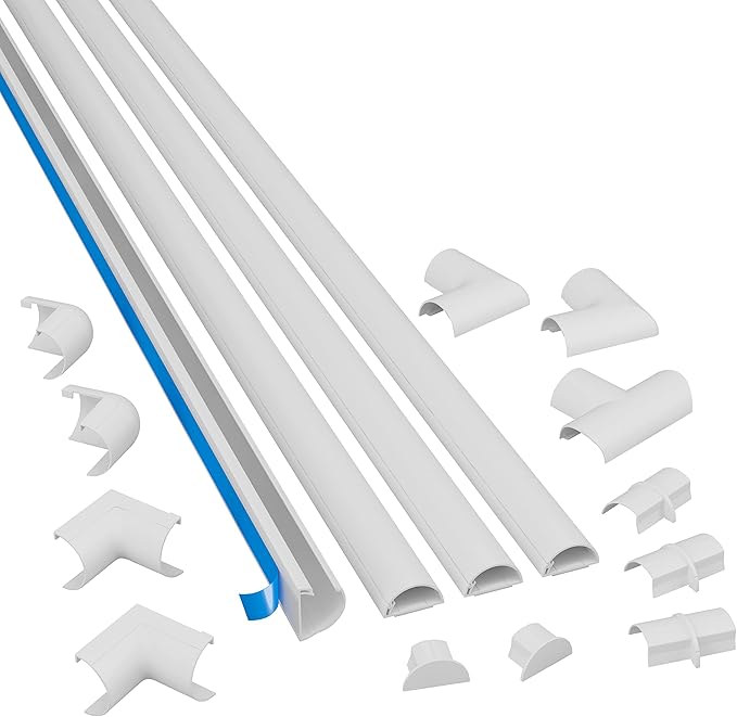 D-Line 13.12ft Cord Hider Kit, Patented Cable Cover, Hide Wires on Wall, Channel for TV Mount Cords, Raceway Wire Hiders, Paintable, Adhesive, Half Round, 4X 1.18in W x 0.59in H x 39in Lengths, White by D-LineUSAinc