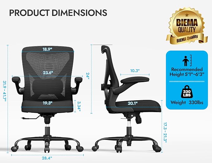 Office Chair: 330LBS Mesh Ergonomic Desk Chair Comfy with 3D Lumbar& Swivel | Ergalithic Computer Chair-Executive Task Chairs with Flip-up Arms Home Office Desk Chairs Gaming Chair for Adults(Full Black) - Image 2