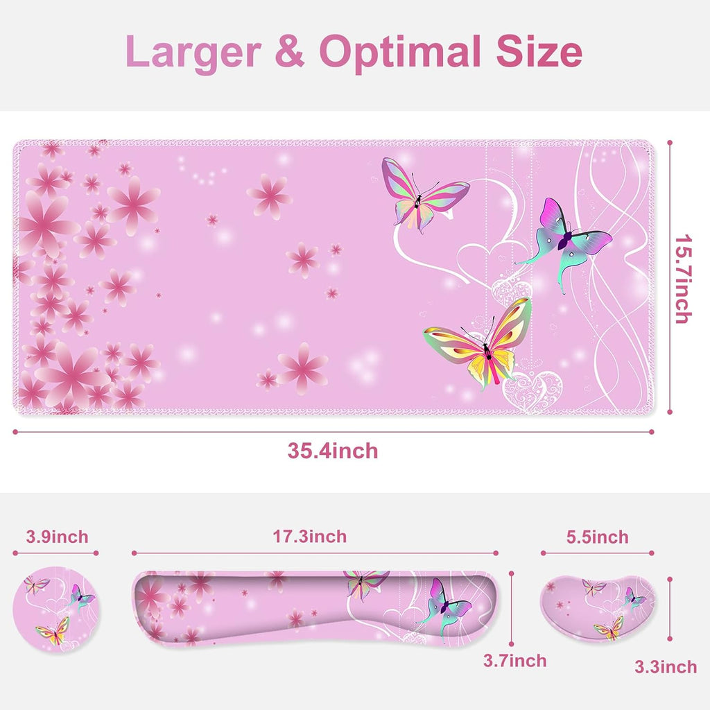 Pink Butterfly Desk Mat, Florals 4 in1 Large Gaming Mouse Pad Set, Ergonomics Keyboard Pad with Memory Foam Wrist Rest, Extended Game Mousepad Non-Slip Desk Protector Matt Easy Typing Pain Relief - Image 3