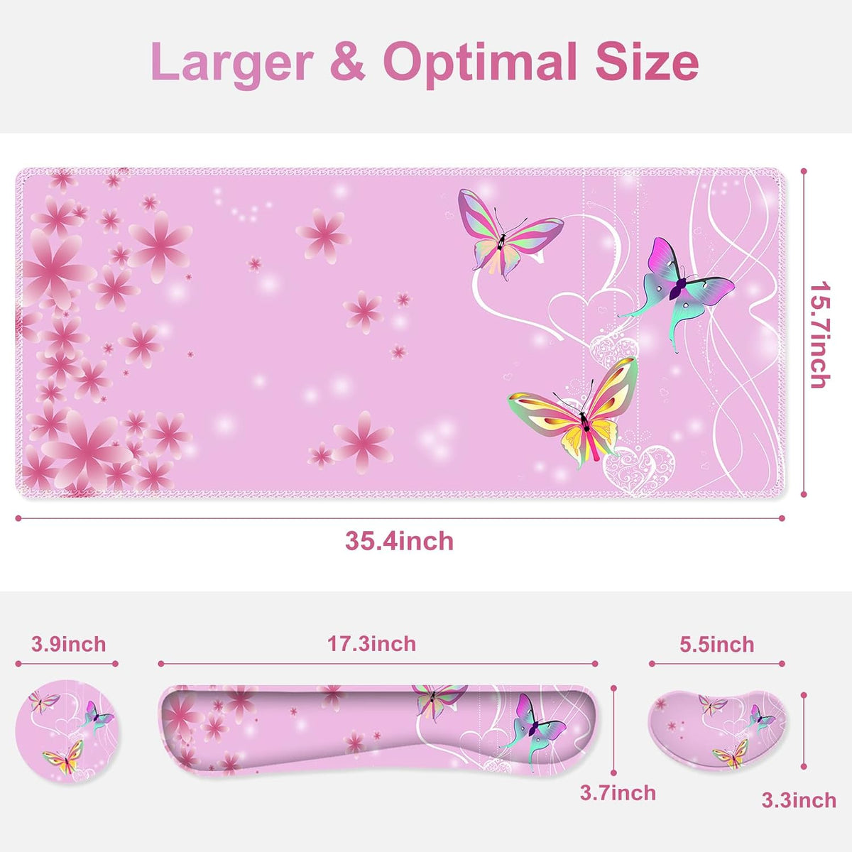 Pink Butterfly Desk Mat, Florals 4 in1 Large Gaming Mouse Pad Set, Ergonomics Keyboard Pad with Memory Foam Wrist Rest, Extended Game Mousepad Non-Slip Desk Protector Matt Easy Typing Pain Relief - Image 3