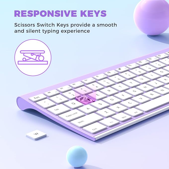 Vssoplor Wireless Keyboard and Mouse, Rechargeable Ultra Slim, Lavender | Quiet Full-Size Keyboard and Mouse Combo Set, for Laptop, PC, Notebook, Desktop, 2.4GHz Stable Connection, Ideal for Office - Image 4