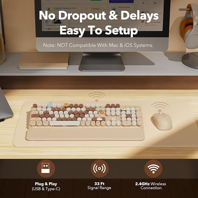 Wireless Keyboard and Mouse Combo, Round Keycaps, Full-Size Retro Typewriter-Style Keyboard with Magnetic Wrist Rest, Tilt Legs, 2.4GHz Cordless for Mac, Windows PC, Laptop, SABLUTE CK23, Latte Beige | Full-Size Retro Typewriter-Style Keyboard, Tilt Le... - Image 7
