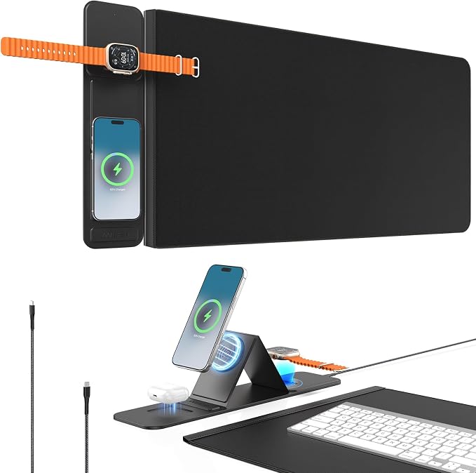 2nd Gen Wireless Charging Desk Mat,3-in-1 Foldable Phone Holder Mouse Pad | Extra Large 35.43×15.75 Inch Microfiber Leather Waterproof Anti-Slip Multifunctional Wireless Charger Desk Pad by AWEXEO