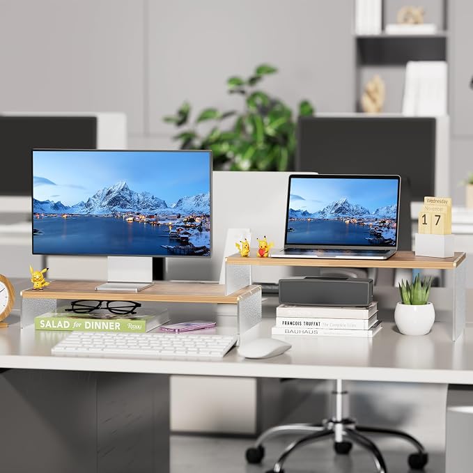 YGYQZ Adjustable Monitor Stand Riser, 9.4" ×19.3" Dual Monitor Desk Stand | Adjustable Monitor Riser, Expandable Desk Organizer, 2-Tier Storage, Acrylic Legs, Ergonomic Workspace, Wood Glacial Striae - Image 9