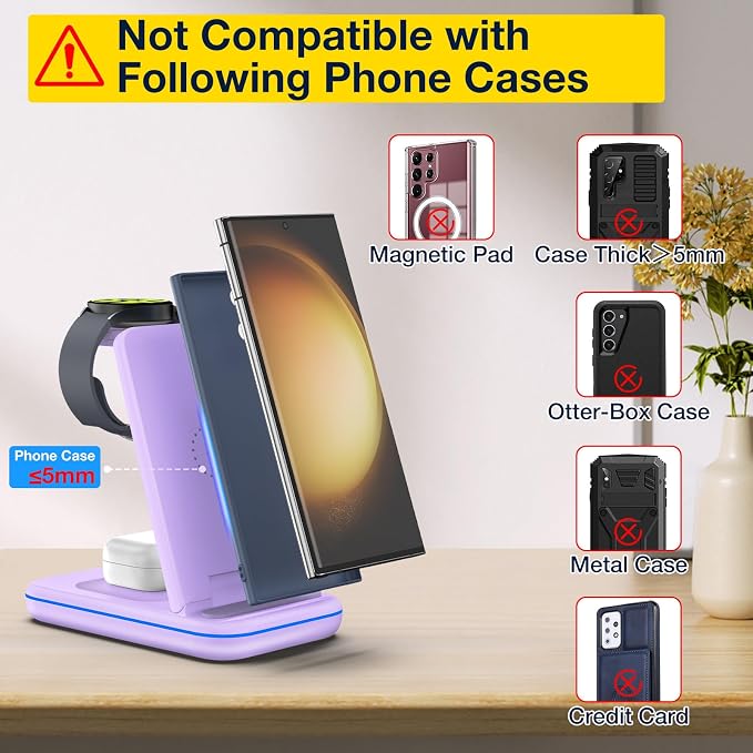 Multi Charger for Samsung, Foldable Charger ONLY for Galaxy Watch Ultra/7/6/5/4/3/Active 2, Travel 3 in 1 Fast Charging Station/Dock for Samsung S24/S23/S22/S21/S20/Note 20, for Buds 3/2 Pro(Violet) - Image 3