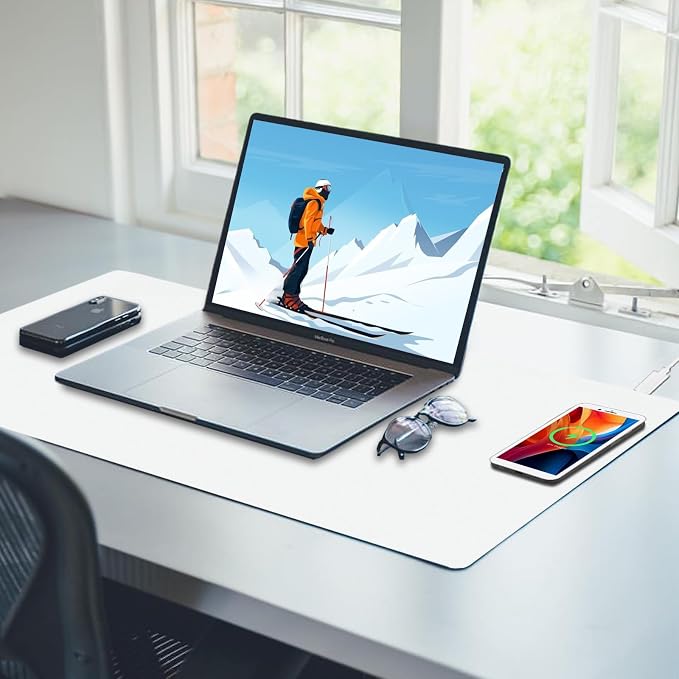 Desk Mat with Wireless Charging, White Mouse Pad with Wireless Charger, Desk Pad Matt for Desktop, Mousepad Gaming Large Mouse Pad, Leather Compute for Keyboard and Mouse, 32" x 16" - Image 7