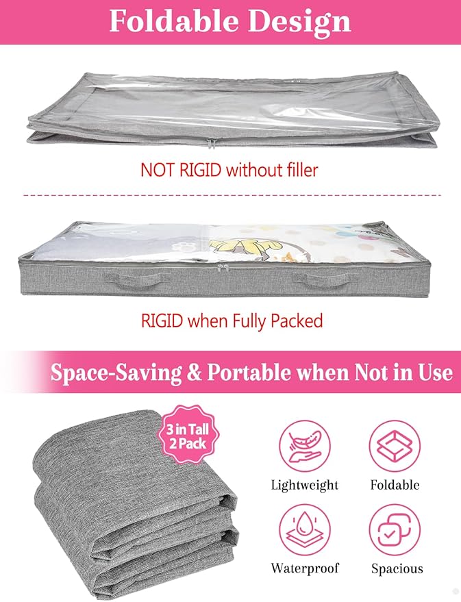 3-in Low Profile Under Bed Storage, No Structure, 2-Pack, Gray | 3" Ultra-Slim, Clear Lid, Reinfoced Handles & Smooth Zips, Dustproof & Waterproof, for Low Bed, Couch, Crib Storage - Image 4
