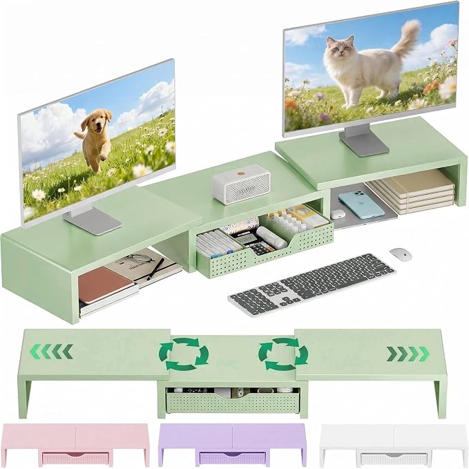 Dual Computer Monitor Stand Riser, Desk Organizer with Drawer, Office Desk Accessories & Workspace Organizers for Home Office Supplies, Green by OPNICE