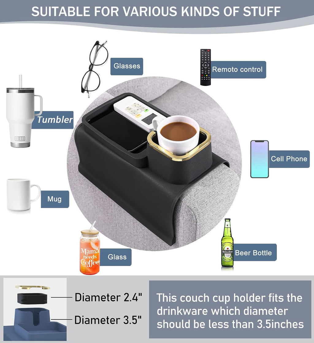 Couch Cup Holder Tray – Weighted Silicone Sofa Armrest Organizer Table with Anti-Spill Coaster, Easy Reach for Drink, Snacks, Remote & Phone, Non-Slip Base, Easy Clean - Image 4