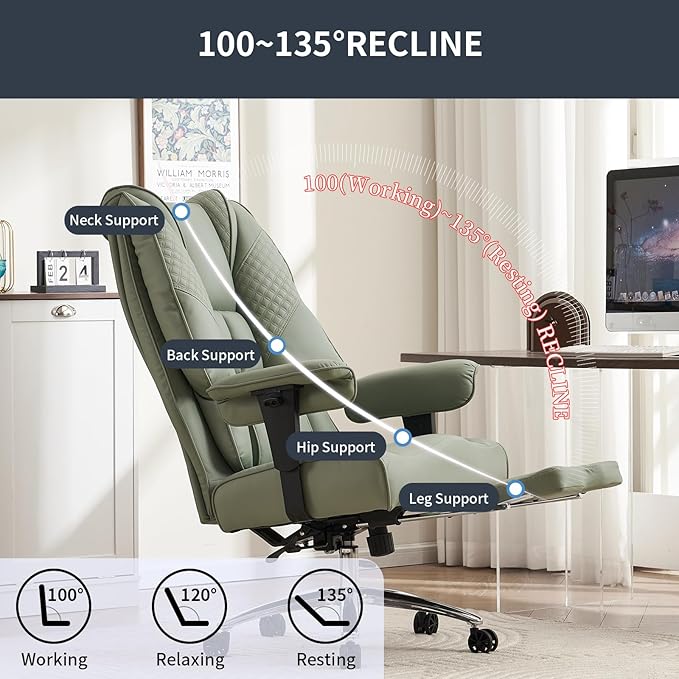 EXCEBET Big and Tall Office Chair 400lbs Wide Seat, Leather High Back Executive Office Chair with Foot Rest, Ergonomic Chairs Lumbar Support for Lower Back Pain Relief (Light Green) - Image 5