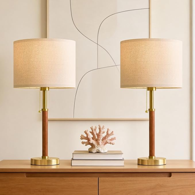 22" Wood Table Lamps Mid Century Modern Lamp for Bedroom Living Room Bedside Lamps for Night Stands Nightstand Lamp with Pull Chain Gold Small Side End Table Lamps Set of 2 Vintage Deco Gifts - Image 4