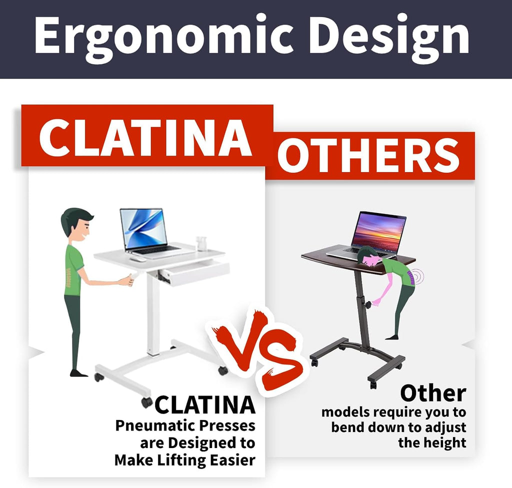 CLATINA Mobile Laptop Standing Desk, Height Adjustable Teacher Podium with Lockable Wheels, Adjustable Work Table with Drawer, Computer Cart Overbed Table for Home Office Classroom, White - Image 6