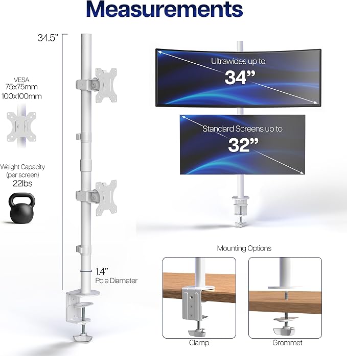 VIVO Dual Monitor Desk Mount for 13 to 34 inch Screens, STAND-V002TW | White, Adjustable Monitor Arm, Grommet or C-Clamp Mounting, Vertical Computer Stand for 2 Monitors, Holds 22 lbs Each - Image 5