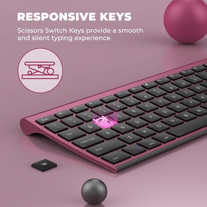 Vssoplor Wireless Keyboard and Mouse, Rechargeable Ultra Slim, Wine Red | Quiet Full-Size Keyboard and Mouse Combo Set, for Laptop, PC, Notebook, Desktop, 2.4GHz Stable Connection, Ideal for Office - Image 6