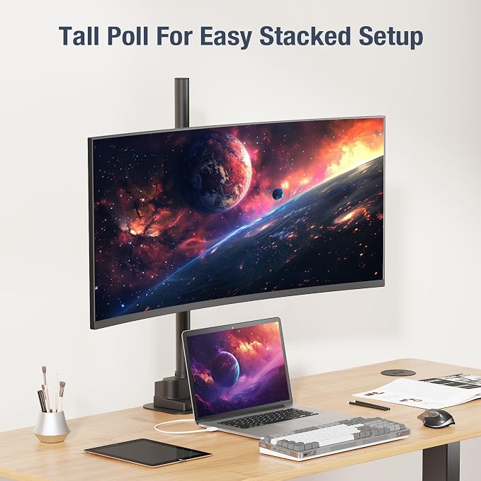 AVLT Single 40 Inch Monitor Arm Pole Top Mount with USB-C&A Ports - Black | Supports 26.4 lbs (12kg), Ultrawide Screen Fit, VESA Compatible, Tilt, Swivel, Rotate, Ergonomic Adjustable Height, Durable - Image 8