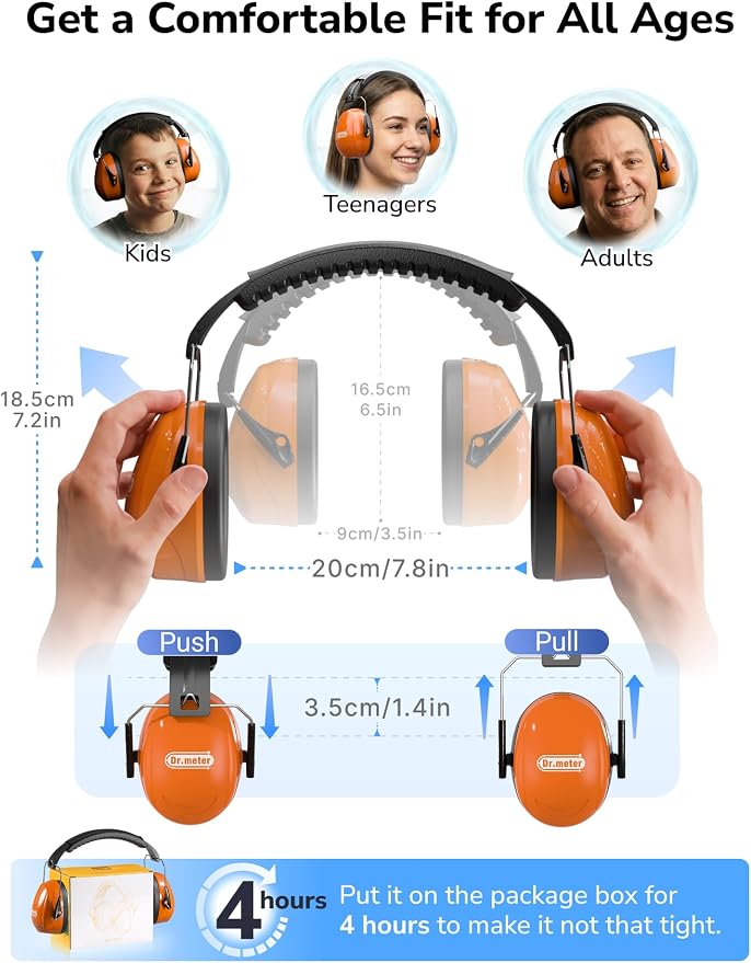 Dr.meter Noise Reduction Ear Muffs, Ear Protection Noise Cancelling Headphones for Adults, Kids Autism Sensory, 31dB Hearing Protection Earmuffs for Shooting Gun Range, Mowing, Fireworks, Orange - Image 8