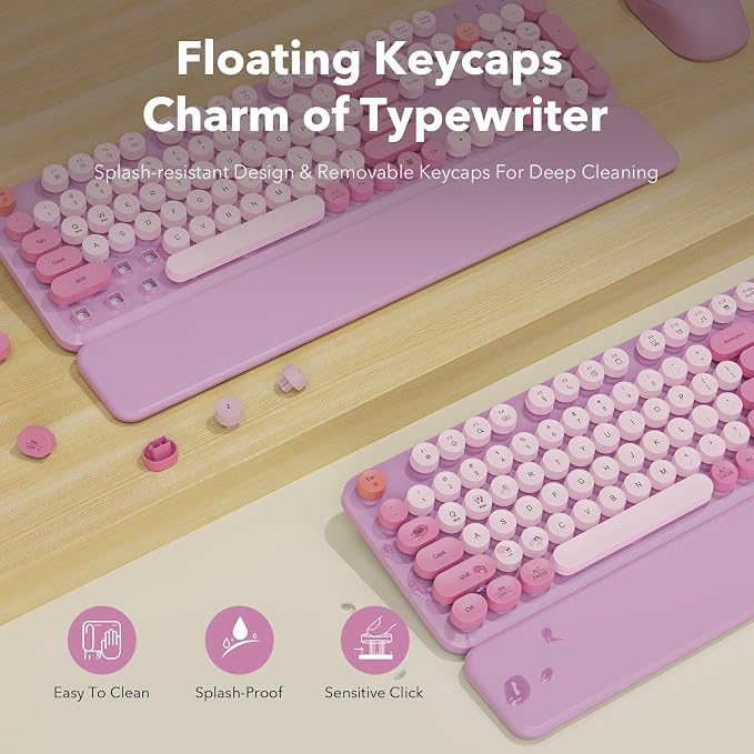 Wireless Keyboard and Mouse, Round Keycaps, Magnetic Wrist Rest, Lilac | Full-Size Retro Typewriter-Style Keyboard, Tilt Legs, Auto Sleep, 2.4GHz Cordless for MacOS, Windows PC, Laptop, SABLUTE - Image 4