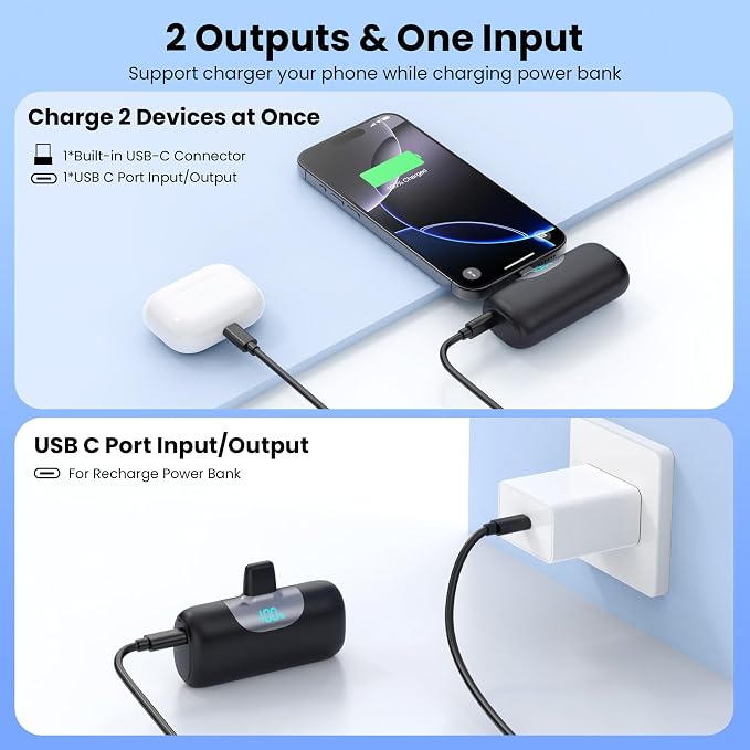Mini Portable Charger USB C Power Bank,5500mAh PD Fast Charging Battery Pack Built-in USB-C Connector Travel Essential for iPhone17/17Pro/17Pro Max/Air/16 Plus/16Pro Max/15 Series,Android Black - Image 3