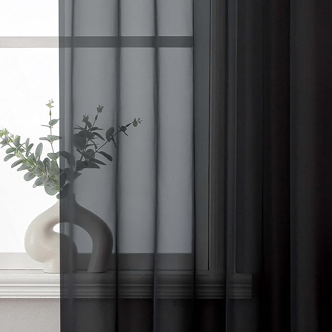 Black Sheer Valances for Windows 2 Panels 14 Inch Length 52" Width | Window Topper Valance for Cafe Kitchen, Small Window Decor for Bedroom Living Room, Rod Pocket, Each Panel 52W x 14L - Image 2