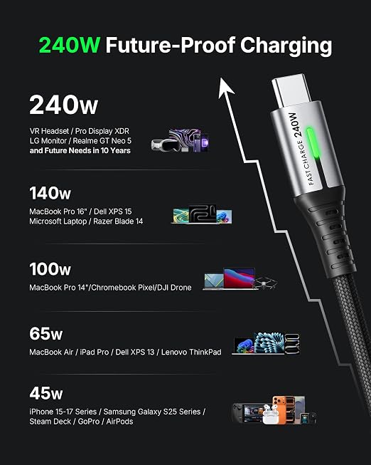 INIU 240W USB C to USB C Cable, [6.6ft+6.6ft] Fast Charging Type C Cord | Nylon Braided, Fast Charging, LED Indicator, USB-C Data Transfer, for iPhone 17 16 Pro, MacBook Pro, iPad, Samsung S26 etc - Image 7