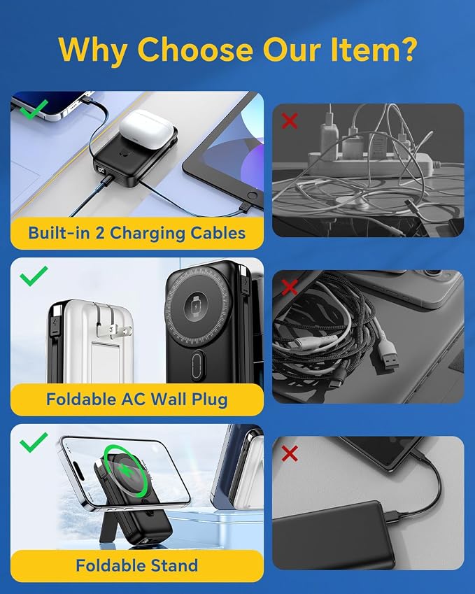DR.HILL Magnetic Battery Pack Real Capacity 10000mAh, 22.5W Fast Charging Portable Charger with Built-in Cables & AC Wall Plug, Foldable Stand Power Bank for Apple Watch Phone 17/16/15/14/13 (Black) - Image 4