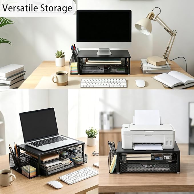 Spacrea Desk Organizer and Accessories, Computer Monitor Stand Riser with Drawer and 1 Open Pen Holder, Printer & Laptop Stand, Office Desk Accessories for Home Office Supplies (Black) - Image 3