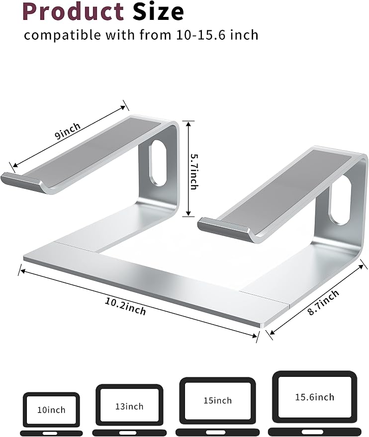 ALASHI Laptop Stand for Desk, Aluminum Computer Riser, Ergonomic Notebook Holder, Detachable Metal Laptops Elevator, PC Cooling Mount Support 10 to 15.6 Inches Notebook, Silver - Image 2