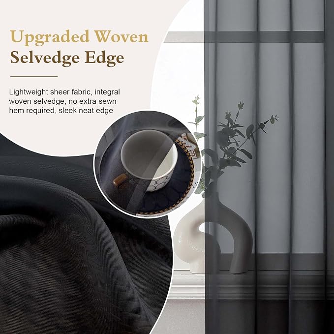 Black Sheer Curtains 96 inches Long for Bedroom 2 Panels Set | Elegant Airy Sheer White Curtain for Living Room, Light Filtering Voile Window Treatments, Rod Pocket, Each Panel 42 X 96 In - Image 5