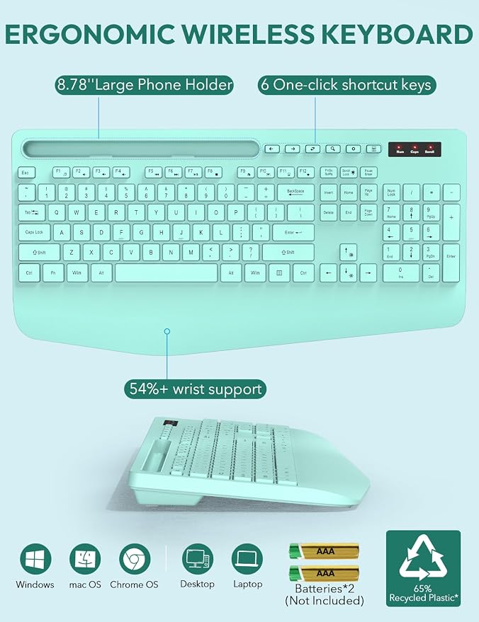 Wireless Keyboard and Mouse Combo, 2.4GHz, Ergonomic Wrist Rest | Full Size, 3-Level DPI, Phone Holder, Silent Typing, KM23D Batteries Powered Set for PC, Laptop, Windows, macOS (Mint Green) - Image 3