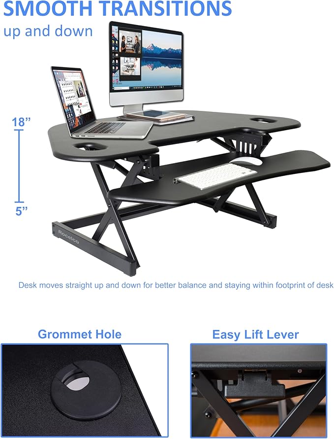 Rocelco 46" Height Adjustable Corner Standing Desk Converter with Dual Monitor Arm Mount Bundle - Sit Stand Up Tabletop Computer Workstation Riser - Extra Large Keyboard Tray - Black (R CADRB-46-MA2) - Image 2