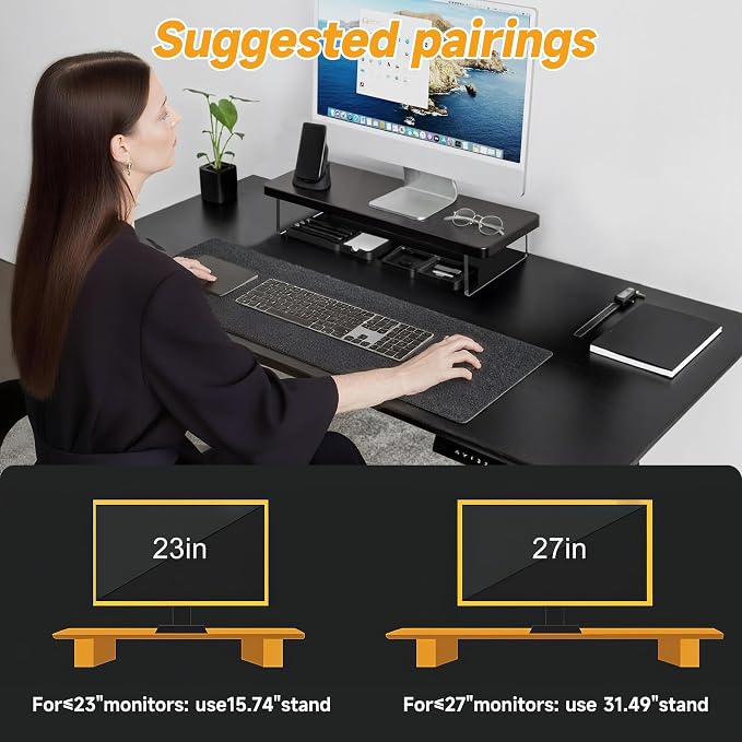 Computer Monitor Stands, Wood & Acrylic Computer Monitor Stand, Desk Monitor Stand Underneath Storage For Office, Home, School Supplies, 31.5" L (Black) - Image 8