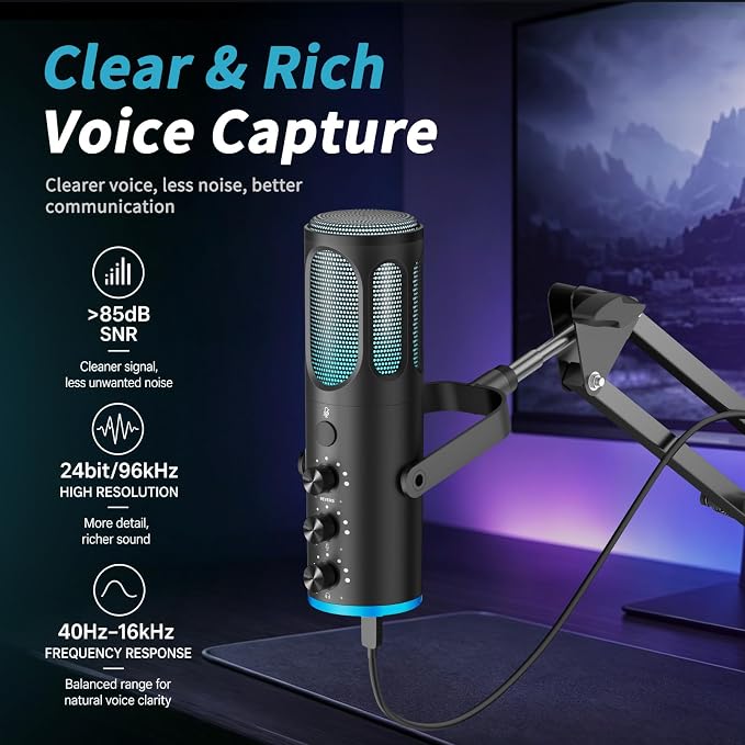 PUPGSIS Gaming Microphone for PC, USB Condenser Mic for PS4/5 and Mac, Noise Cancellation Computer Mic with Mute, Reverb, Adjustable Boom Arm, Pop Filter for Streaming/Podcasting/Recording/YouTube - Image 2