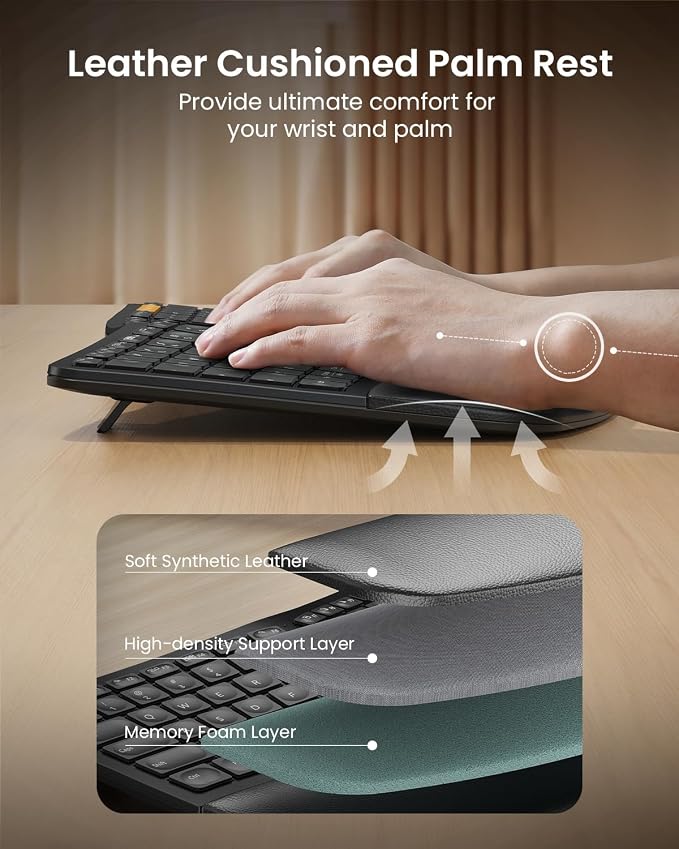 ProtoArc EK01 Plus Backlit Bluetooth Ergonomic Keyboard, Full Size, Black | Adjustable brightness, split design, cushioned wrist rest, connect 3 devices via Bluetooth/2.4G, 2000mAh USB-C rechargeable. - Image 7