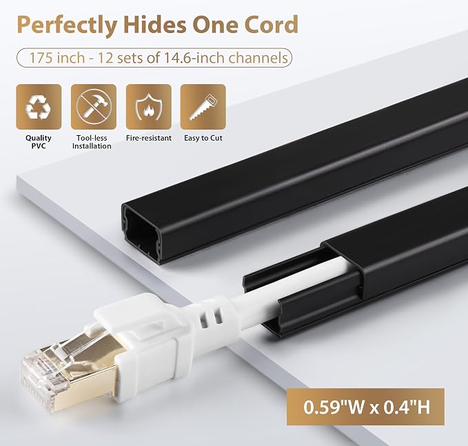 ZhiYo 175" Black Cord Cover for 1 Wire, Small Size, 0.59" W x 0.4" H | Fits Up to 1 Thick Extension Cord, Self-Adhesive for Easy Install, Lightweight PVC Helps Stay Secure, Paintable Cord Hider - Image 2