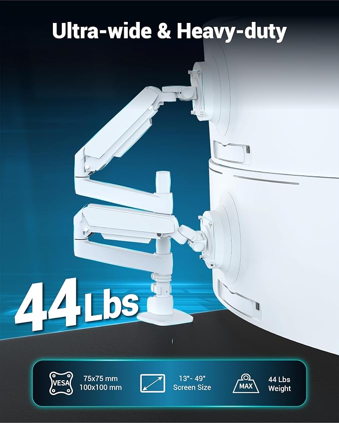 Ergounion Dual Monitor Arm for 13-49 Inch Ultrawide Screens, Heavy Duty Monitor Mount for 2 Monitors up to 44lbs, Full Motion Vertical Stacked Dual Monitor Arm Desk Mount, 75/100mm VESA Mount, White - Image 2