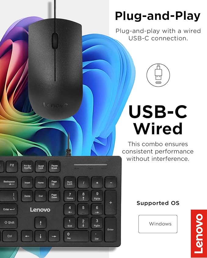 Lenovo 305 USB-C Wired Keyboard & Mouse Combo, Black, Spill-Resistant, Narrow Border, Adjustable Tilt, Full-Size Keyboard & Mouse, Compatible with Laptop, PC, Tablet, USB-C Connectivity Gaming Office - Image 5
