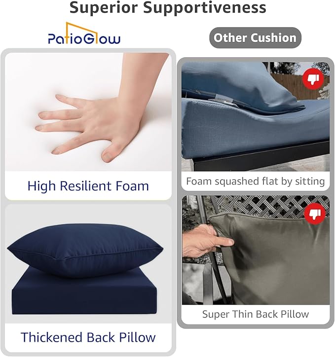 PatioGlow Outdoor Seat Cushion Set 22 x 22 x 4 Inch, Waterproof & Fade Resistant Patio Furniture Cushions with Removable Cover and Ties, Thick Deep Seating Pads for Outside Chair Sofa Couch, Dark Blue - Image 6