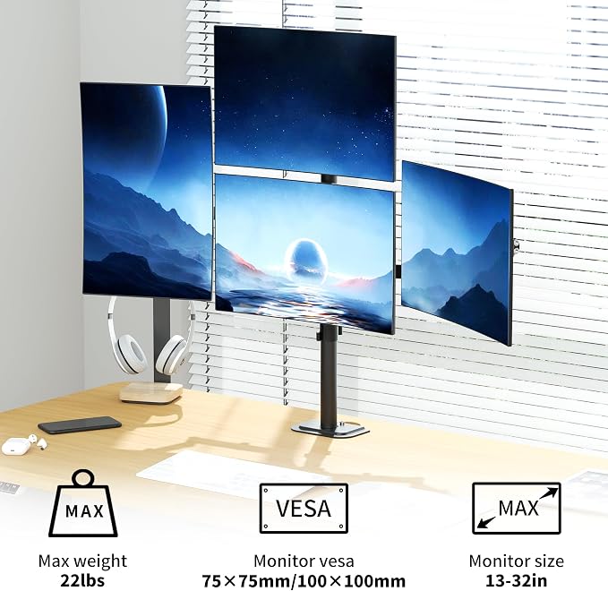 Pholiten Quad Monitor Mount for 13-32 Inch Screens | Fully Adjustable 4 Monitor Stand, Swivel, Tilt, Rotation, Clamp & Grommet Base Kit, 75*75/100*100MM Vesa Stand - Image 2