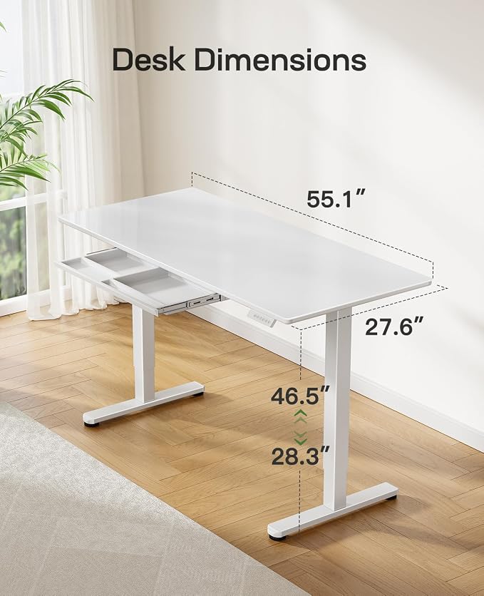 Marsail Glass Standing Desk with Drawer, 55 x 28 Inches Adjustable Desk, Home Office Desks with One-Piece Tempered Glass Top, Ergonomic Home Office Sit Stand Desk with 4 Preset Heights, White - Image 6
