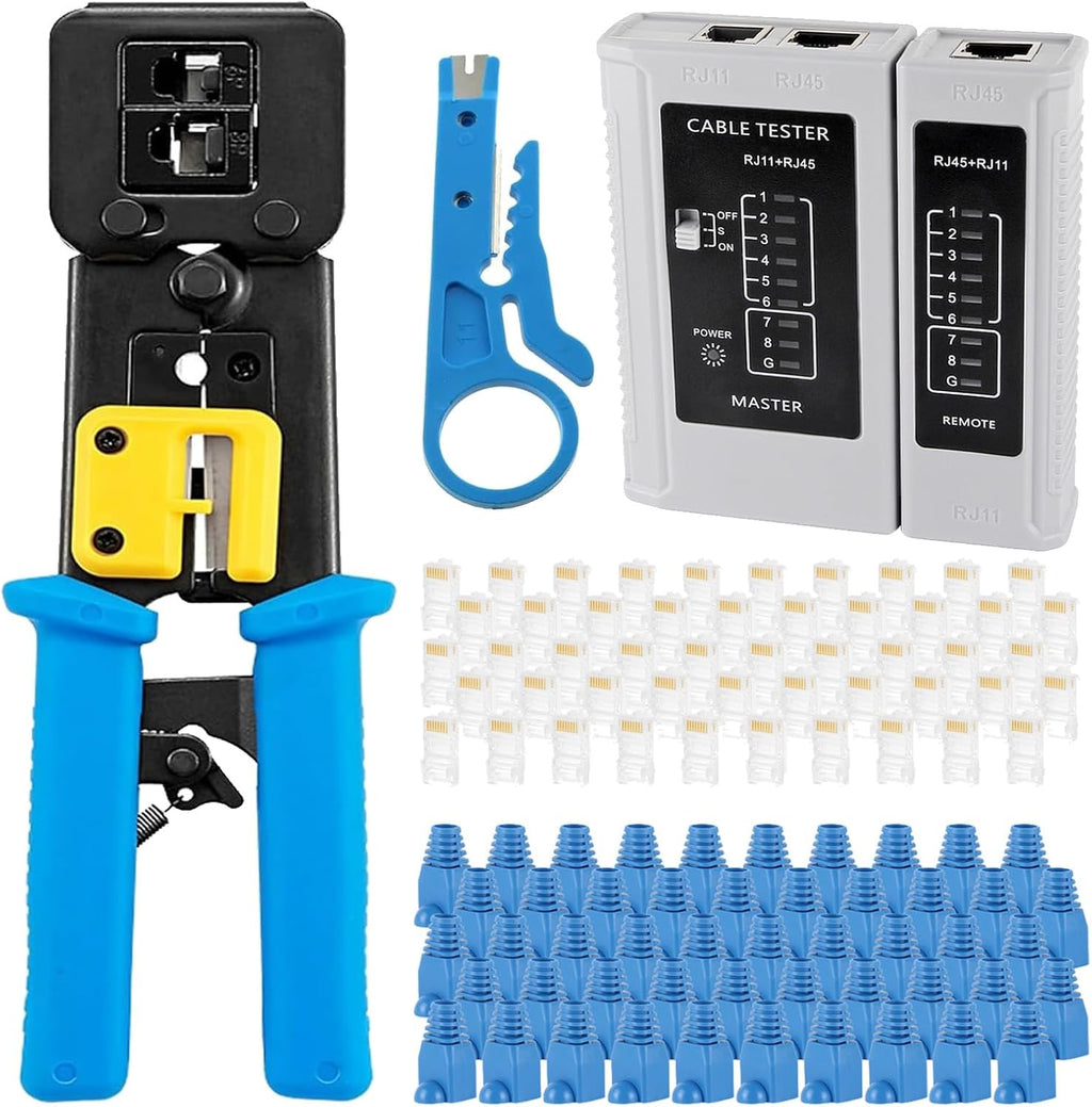 AITRIP RJ45 Crimp Tool Kit Pass Thru Cat5 Cat5e Cat6 RJ45 Crimping Tool with RJ45 Cat6 Pass Through Connectors, Covers,1 Wire Punch Down Cutter,Network Cable Tester by AITRIP