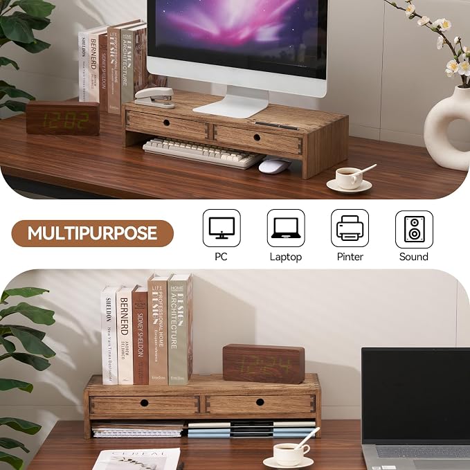 KIRIGEN Solid Wood Monitor Stand with 2 Drawers, Desk Riser, Brown PMJ-DBR | Desktop Organizer with Cable Opening and Pen Slots Stores Office Supplies, Supports Up To 50 Lb and Arrives Fully Assembled - Image 3