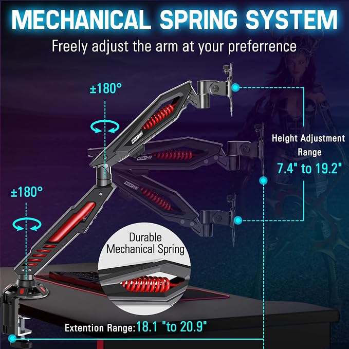 MOUNT PRO Single Gaming Monitor Stand - Mechanical Spring Display Mount, Adjustable Gaming Monitor Arm with C Clamp and Grommet Mounting Base - Fits for Computer Screen up to 32”, VESA 75x75, 100x100 - Image 4