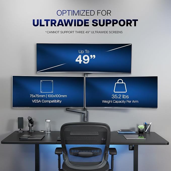 VIVO Pneumatic Arm Triple Ultrawide Monitor Wall Mount for Up to 49 inch Screens with Height Adjustment, Heavy Duty, Holds 3 Ultra Wides Up to 35.2 lbs, Black, MOUNT-VW300D - Image 3