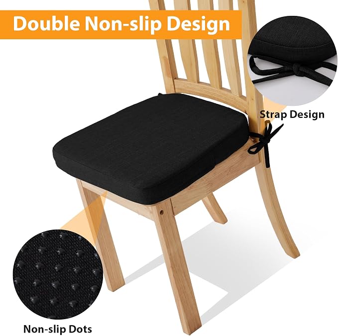 Ruqmuis Chair Cushions for Dining Chairs, 2" Thick Seat Cushions for Kitchen Chairs, D-Shaped Chair Pads with Washable Cover, Ties and Non Slip Backing, 17'' x 16'', Set of 4, Black - Image 3